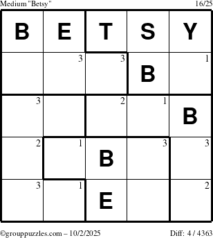 The grouppuzzles.com Medium Betsy puzzle for Thursday October 2, 2025 with the first 3 steps marked
