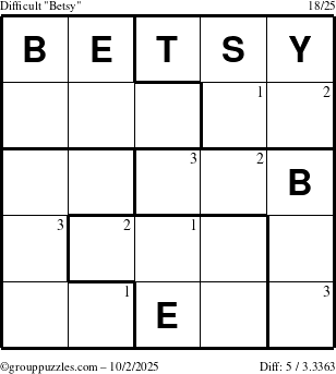 The grouppuzzles.com Difficult Betsy puzzle for Thursday October 2, 2025 with the first 3 steps marked