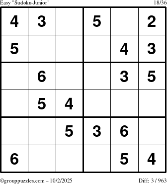 The grouppuzzles.com Easy Sudoku-Junior puzzle for Thursday October 2, 2025