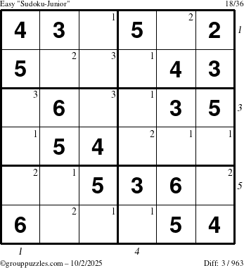 The grouppuzzles.com Easy Sudoku-Junior puzzle for Thursday October 2, 2025 with all 3 steps marked