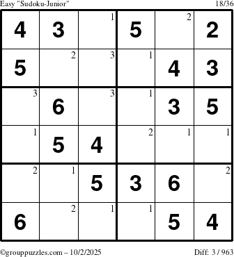 The grouppuzzles.com Easy Sudoku-Junior puzzle for Thursday October 2, 2025 with the first 3 steps marked