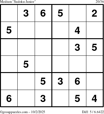 The grouppuzzles.com Medium Sudoku-Junior puzzle for Thursday October 2, 2025