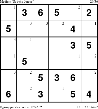 The grouppuzzles.com Medium Sudoku-Junior puzzle for Thursday October 2, 2025 with the first 3 steps marked