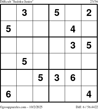 The grouppuzzles.com Difficult Sudoku-Junior puzzle for Thursday October 2, 2025