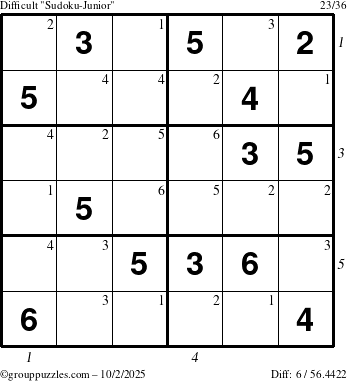 The grouppuzzles.com Difficult Sudoku-Junior puzzle for Thursday October 2, 2025 with all 6 steps marked