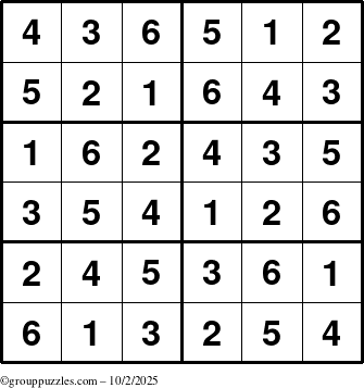 The grouppuzzles.com Answer grid for the Sudoku-Junior puzzle for Thursday October 2, 2025