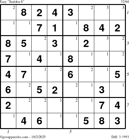 The grouppuzzles.com Easy Sudoku-8 puzzle for Thursday October 2, 2025 with all 3 steps marked