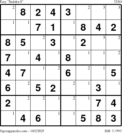 The grouppuzzles.com Easy Sudoku-8 puzzle for Thursday October 2, 2025 with the first 3 steps marked