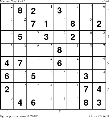 The grouppuzzles.com Medium Sudoku-8 puzzle for Thursday October 2, 2025 with all 7 steps marked