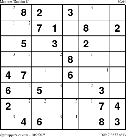 The grouppuzzles.com Medium Sudoku-8 puzzle for Thursday October 2, 2025 with the first 3 steps marked