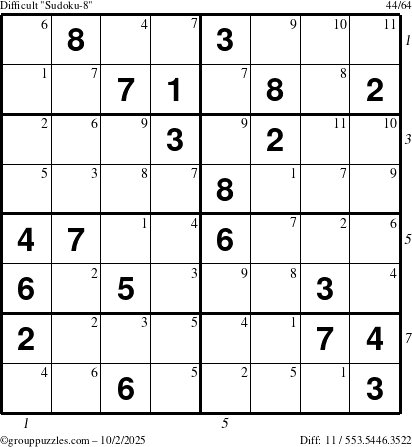 The grouppuzzles.com Difficult Sudoku-8 puzzle for Thursday October 2, 2025 with all 11 steps marked