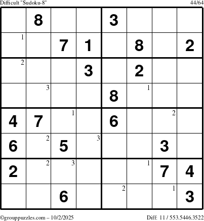 The grouppuzzles.com Difficult Sudoku-8 puzzle for Thursday October 2, 2025 with the first 3 steps marked