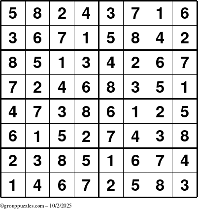 The grouppuzzles.com Answer grid for the Sudoku-8 puzzle for Thursday October 2, 2025