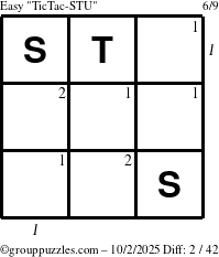 The grouppuzzles.com Easy TicTac-STU puzzle for Thursday October 2, 2025 with all 2 steps marked
