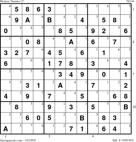 The grouppuzzles.com Medium Sudoku-12 puzzle for Thursday October 2, 2025, suitable for printing, with all 8 steps marked