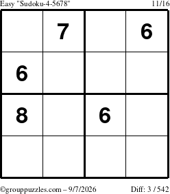 The grouppuzzles.com Easy Sudoku-4-5678 puzzle for Monday September 7, 2026