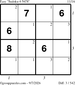 The grouppuzzles.com Easy Sudoku-4-5678 puzzle for Monday September 7, 2026, suitable for printing, with all 3 steps marked