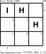 The grouppuzzles.com Easy TicTac-GHI puzzle for Monday September 7, 2026 with all 2 steps marked