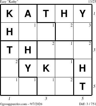 The grouppuzzles.com Easy Kathy puzzle for Monday September 7, 2026 with all 3 steps marked