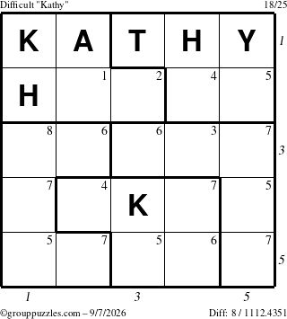 The grouppuzzles.com Difficult Kathy puzzle for Monday September 7, 2026, suitable for printing, with all 8 steps marked