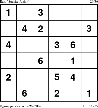 The grouppuzzles.com Easy Sudoku-Junior puzzle for Monday September 7, 2026