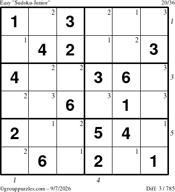 The grouppuzzles.com Easy Sudoku-Junior puzzle for Monday September 7, 2026, suitable for printing, with all 3 steps marked