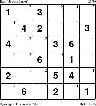 The grouppuzzles.com Easy Sudoku-Junior puzzle for Monday September 7, 2026 with the first 3 steps marked