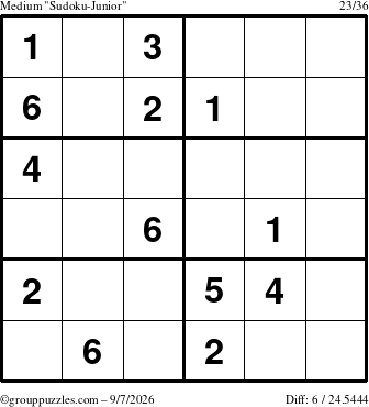 The grouppuzzles.com Medium Sudoku-Junior puzzle for Monday September 7, 2026