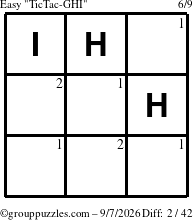 The grouppuzzles.com Easy TicTac-GHI puzzle for Monday September 7, 2026 with the first 2 steps marked