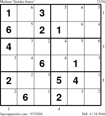 The grouppuzzles.com Medium Sudoku-Junior puzzle for Monday September 7, 2026, suitable for printing, with all 6 steps marked