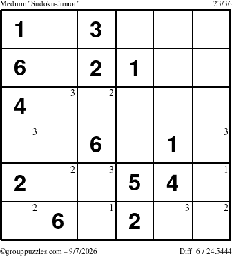The grouppuzzles.com Medium Sudoku-Junior puzzle for Monday September 7, 2026 with the first 3 steps marked