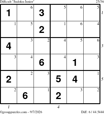 The grouppuzzles.com Difficult Sudoku-Junior puzzle for Monday September 7, 2026 with all 6 steps marked