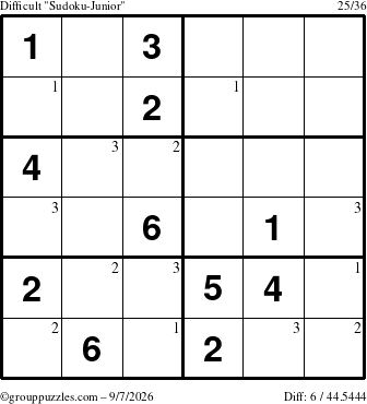 The grouppuzzles.com Difficult Sudoku-Junior puzzle for Monday September 7, 2026 with the first 3 steps marked