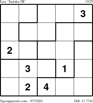 The grouppuzzles.com Easy Sudoku-5B puzzle for Monday September 7, 2026