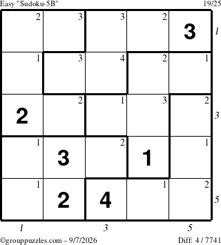 The grouppuzzles.com Easy Sudoku-5B puzzle for Monday September 7, 2026, suitable for printing, with all 4 steps marked