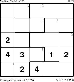The grouppuzzles.com Medium Sudoku-5B puzzle for Monday September 7, 2026 with the first 3 steps marked