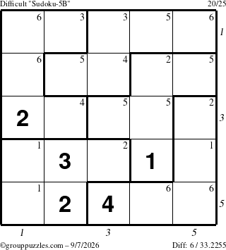 The grouppuzzles.com Difficult Sudoku-5B puzzle for Monday September 7, 2026, suitable for printing, with all 6 steps marked