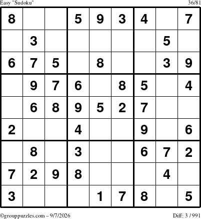 The grouppuzzles.com Easy Sudoku puzzle for Monday September 7, 2026