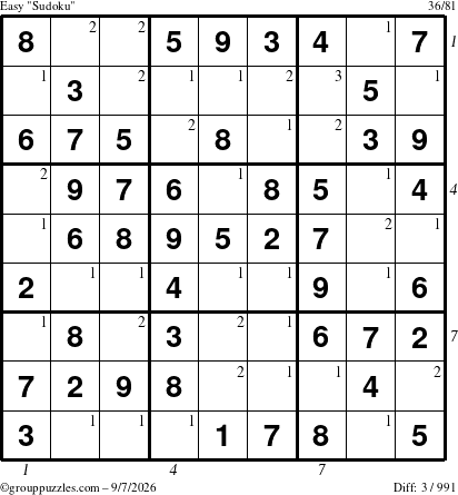 The grouppuzzles.com Easy Sudoku puzzle for Monday September 7, 2026 with all 3 steps marked
