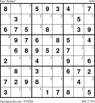 The grouppuzzles.com Easy Sudoku puzzle for Monday September 7, 2026 with the first 3 steps marked