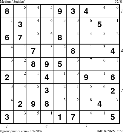 The grouppuzzles.com Medium Sudoku puzzle for Monday September 7, 2026 with all 8 steps marked