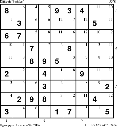 The grouppuzzles.com Difficult Sudoku puzzle for Monday September 7, 2026 with all 12 steps marked
