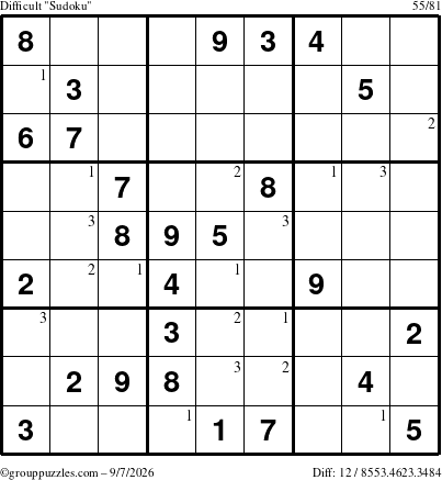 The grouppuzzles.com Difficult Sudoku puzzle for Monday September 7, 2026 with the first 3 steps marked