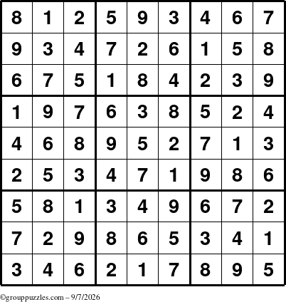 The grouppuzzles.com Answer grid for the Sudoku puzzle for Monday September 7, 2026
