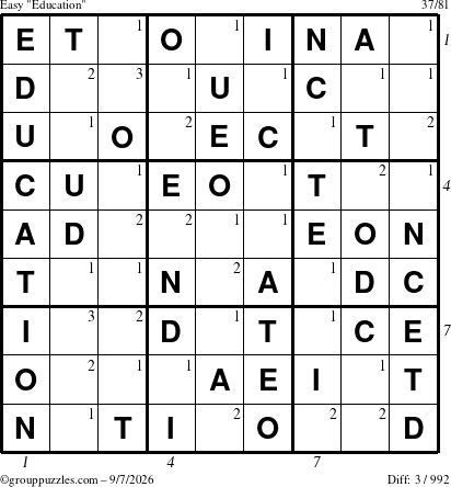 The grouppuzzles.com Easy Education-c1 puzzle for Monday September 7, 2026, suitable for printing, with all 3 steps marked