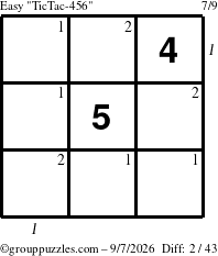 The grouppuzzles.com Easy TicTac-456 puzzle for Monday September 7, 2026, suitable for printing, with all 2 steps marked