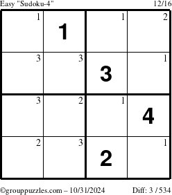 The grouppuzzles.com Easy Sudoku-4 puzzle for Thursday October 31, 2024 with the first 3 steps marked