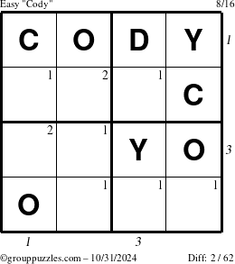 The grouppuzzles.com Easy Cody puzzle for Thursday October 31, 2024 with all 2 steps marked