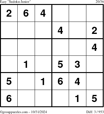 The grouppuzzles.com Easy Sudoku-Junior puzzle for Thursday October 31, 2024