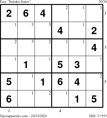 The grouppuzzles.com Easy Sudoku-Junior puzzle for Thursday October 31, 2024 with all 3 steps marked